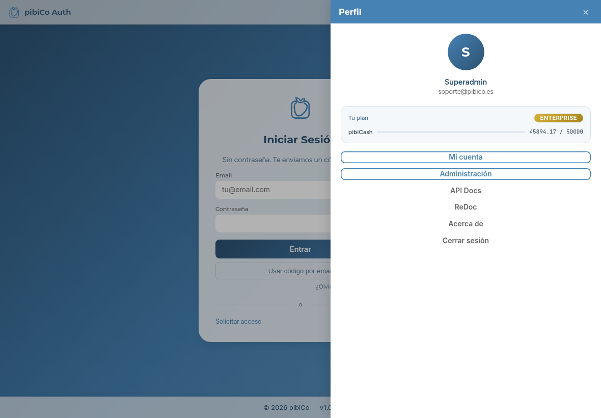 Panel de perfil con plan y créditos pibiCash
