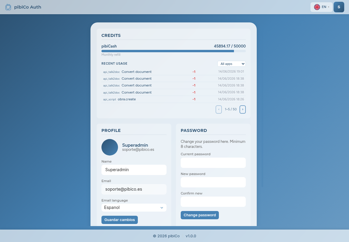 pibiCo Auth My account page